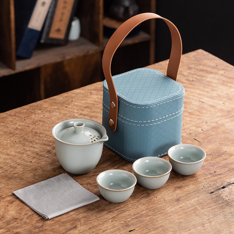Celadon Ge Kiln Opening Film Can Raise Outdoor Portable Travel Tea Set, One Pot and Three Cups of Kuaike Tea Cup Gifts