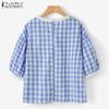 ZANZEA Women Casual Round Neck Half Sleeve Grid Print Blouse