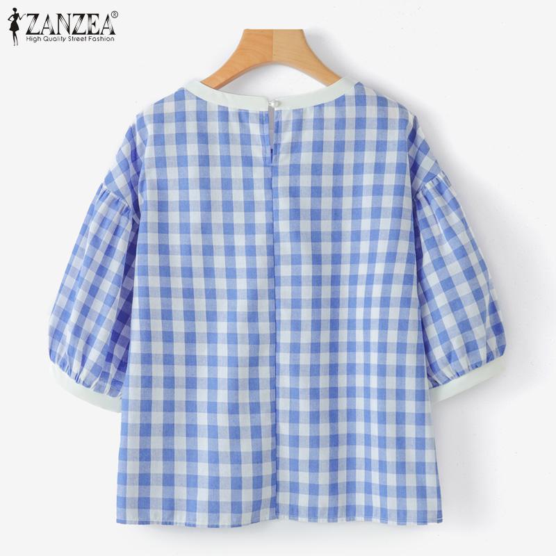 ZANZEA Women Casual Round Neck Half Sleeve Grid Print Blouse
