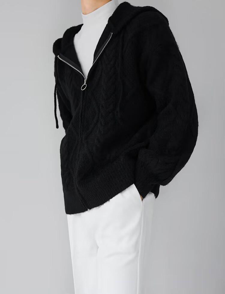 Men's Retro Cable Knit Hooded Cardigan - Autumn/Winter Thick, Trendy Loose Fit Outerwear