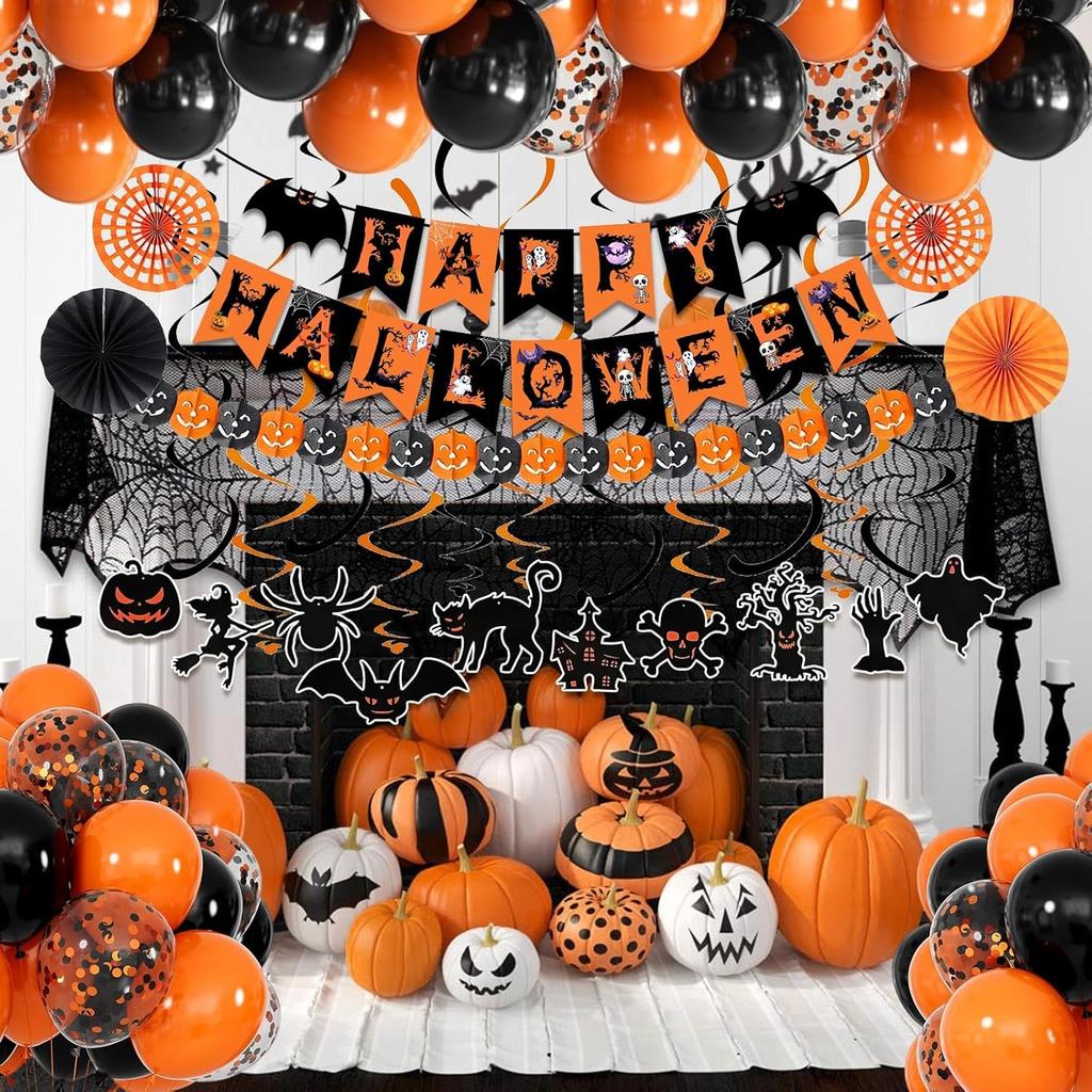 Happy Halloween Trick or Treat Banner Paper Fan Balloons & Swirl Streamers Goul Bat Cat Bird Ghost Pumpkin Lantern for Party Decorations