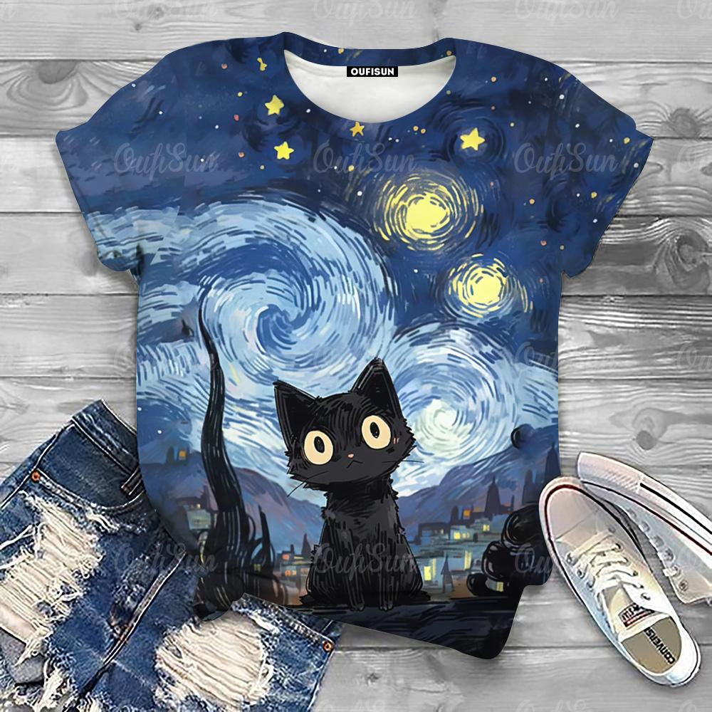 Cute Cartoon Cat Print Women's T-Shirts Top Short Pullover Sleeved Fashion Casual Style O-Neck Tee Shirt Female Clothing Summer