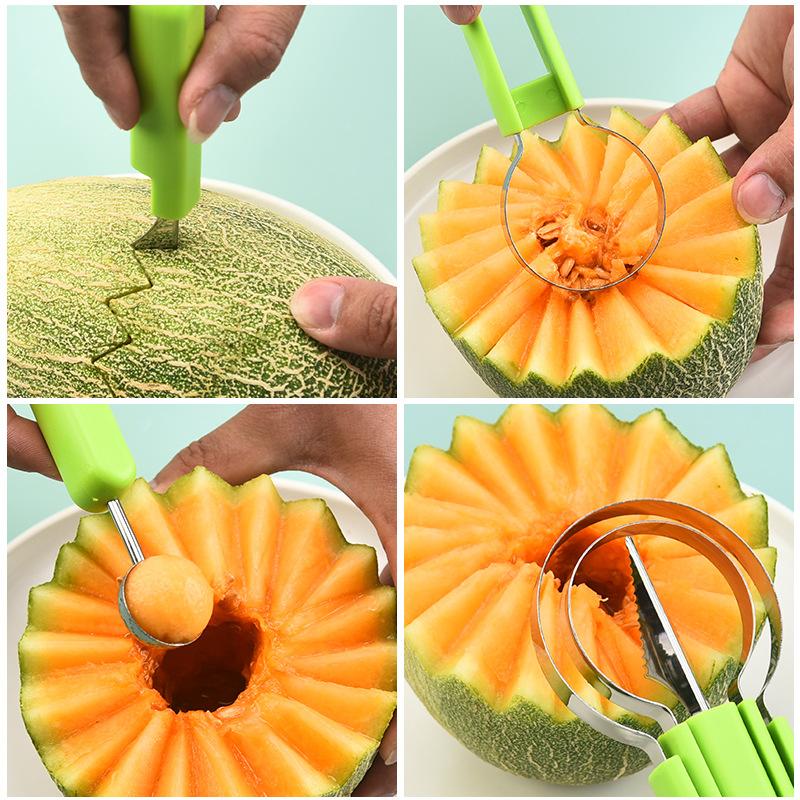 4 In 1 Stainless Steel Fruit Tool Set Melon Ball Spoon Set Knife Shape Set Fruit Carving Knife Cutter Watermelon Slicer Kitchen Accessories