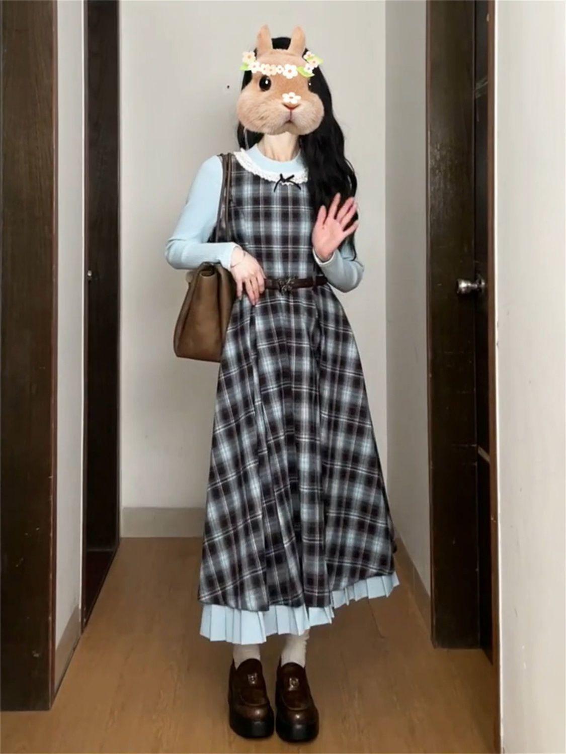 

Women s Spring 2026 Sweet Blue-Brown Plaid Faux Two-Piece Bow Dress - Waist-Cinched Slimming Long Style M