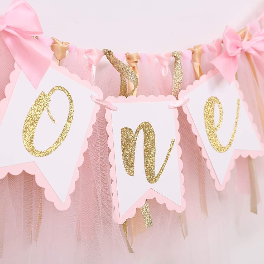 Pink Bow 1st Birthday Decorations  1st Birthday Party Hat First Birthday High Chair Banner 1st Birthday Cake Topper 1st Birthday