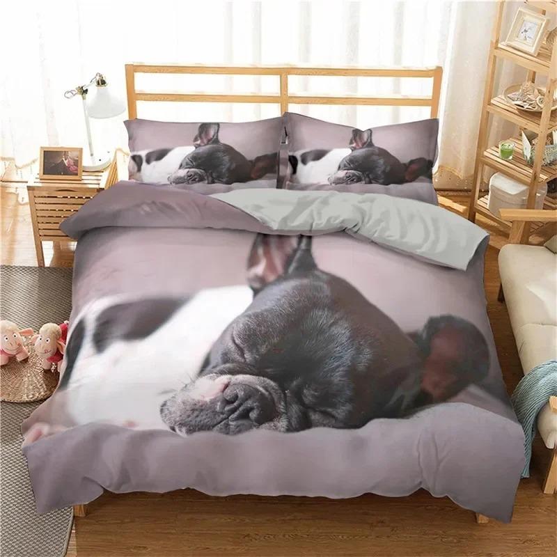 3pcs Cute Dog Bedding Set, Single/Double Bulldog Duvet Cover and Pillowcase, Home Bedroom Decoration, Gift for Boys and Girls