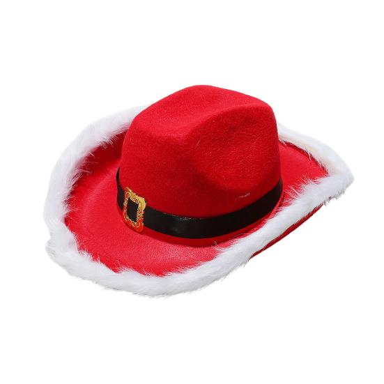 Cowboy Hat Christmas Themed White Furry Trim Soft Felt Material Jazz Top Hat Adjustable Red Tie Party Hat