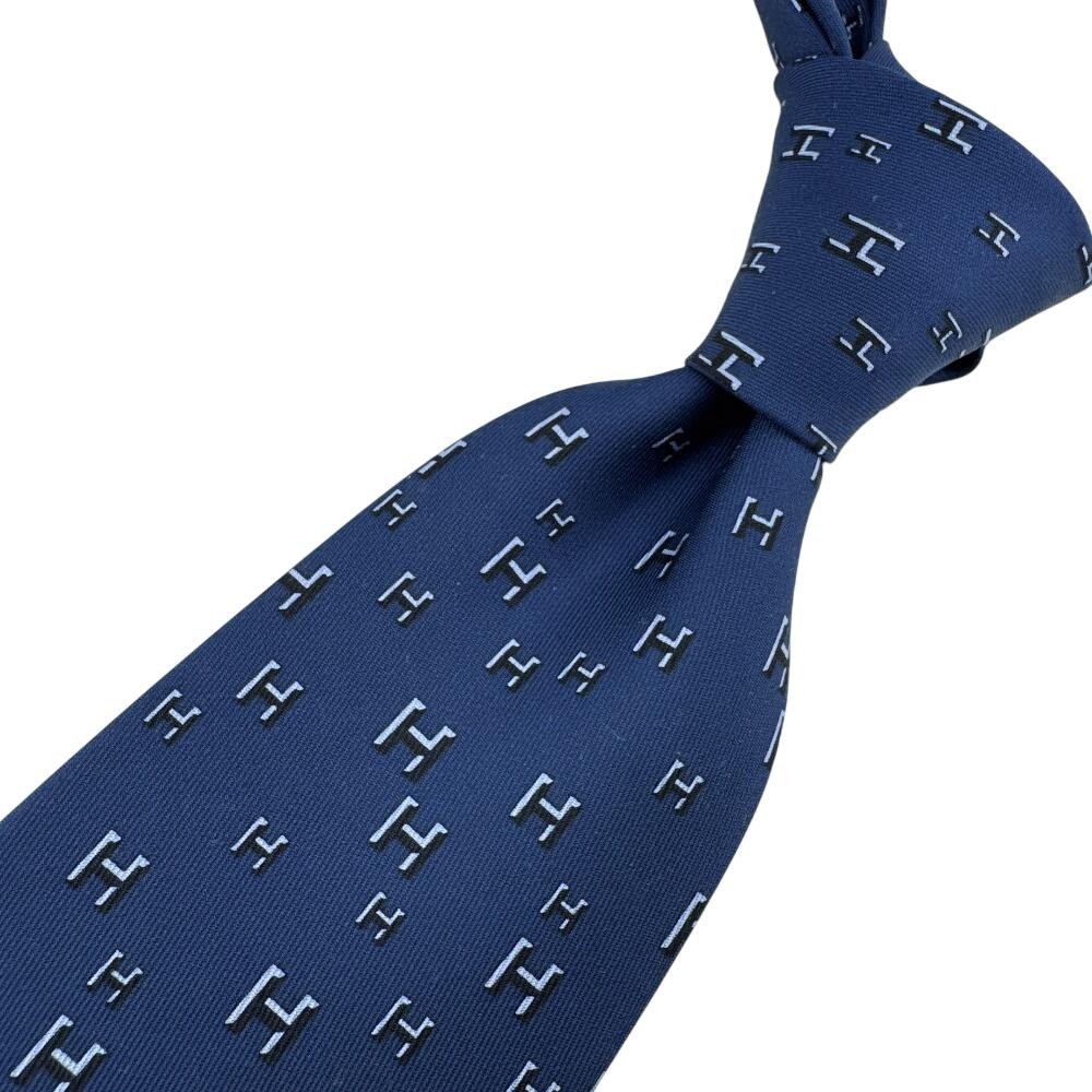 HERMES H pattern silk tie Navy silk Used