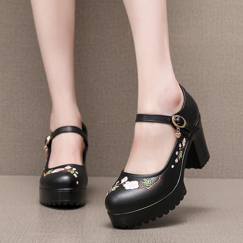 6cm 8cm 10cm Small Size 32-43 Shallow Floral Soft Leather Shoes Platform Pumps  Spring Block High Heels Shoes for Office Mom
