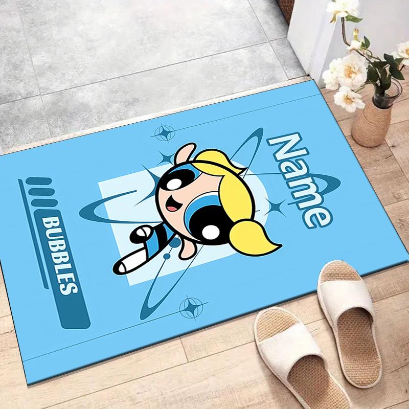 Benutzerdefinierte The Powerpuff Girls Matte mit personalisiertem Namen, waschbarer Polyester-Eingangsbereich-Teppich für den Innenbereich, Geschenk für Weihnachten, Ostern, Thanksgiving