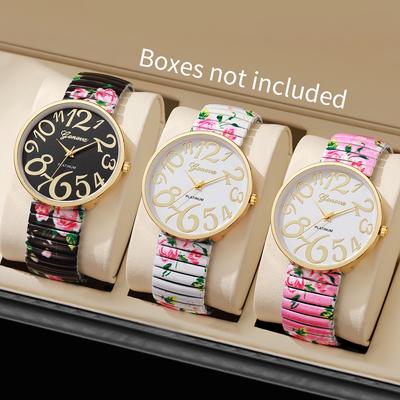 3 Stück/Set Damenmode Personalisierte Bedruckte Elastisches Band Trendige Lässige Digitales Zifferblatt Quarz Uhr Kombinationsset Ohne Box
