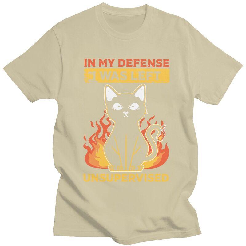 Custom In My Defense I Was Left Unsupervised Funny Cat T Shirt Men Pure Cotton Tshirt Tee Tops Streetwear Tshirt