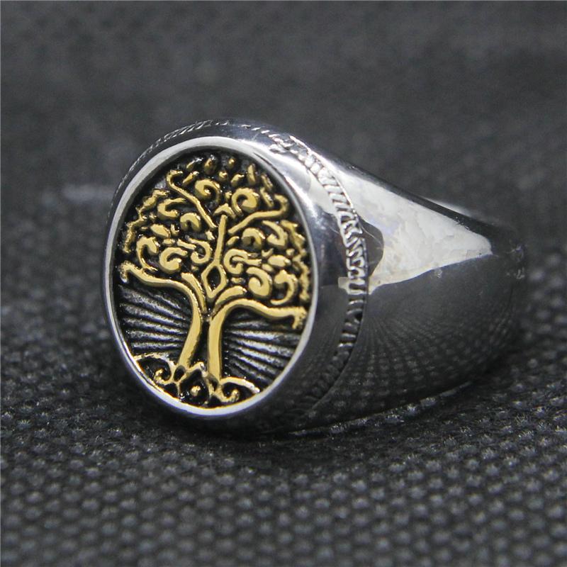 Drop Ship 7-14 Golden Tree Ring 316L Stainless Steel Mens Cool Life Tree Ring 7