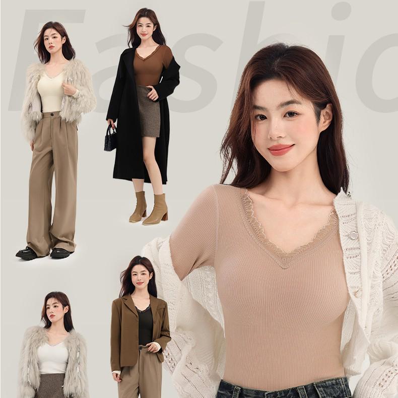 Women's Cashmere & Silk Lace V-Neck Long Sleeve Slimming Top Set