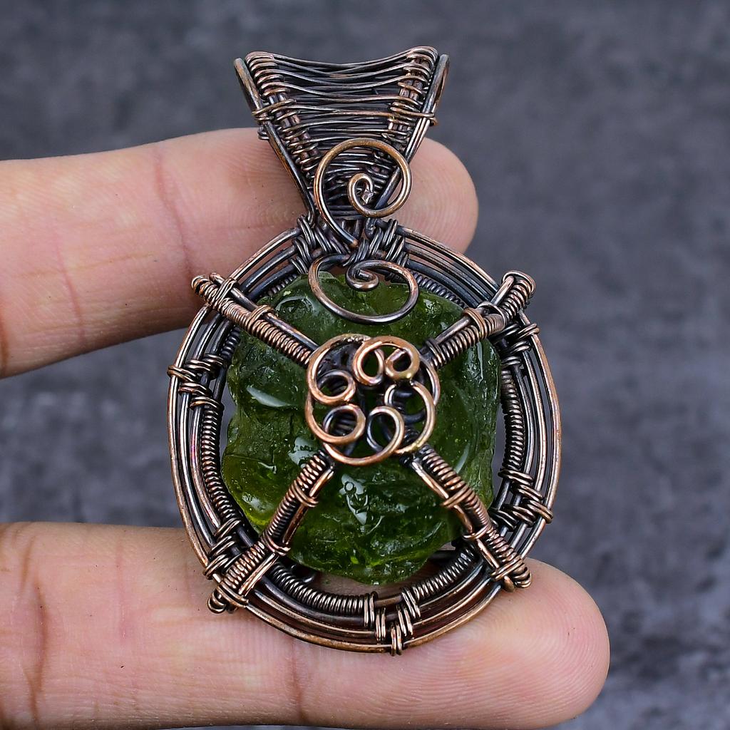 Natural Moldavite Quartz Gemstone Copper Wire Wrap Jewelry Pendant 2.44" M8r02