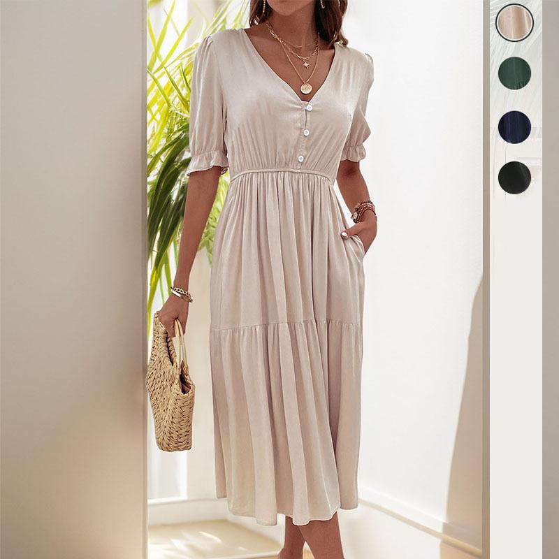 Amazon Independent Station Foreign Trade New European and American Summer Women's Clothing Cross-border Waist V-Neck Solid Color Dress Women