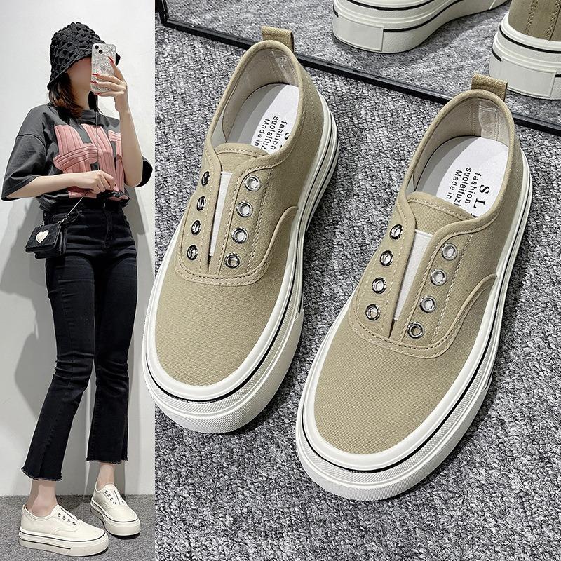 Thick-soled Elastic One-pedal Canvas Shoes Women's New Versatile Breathable Casual Shoes Autumn Little White Shoes Board Shoes Women