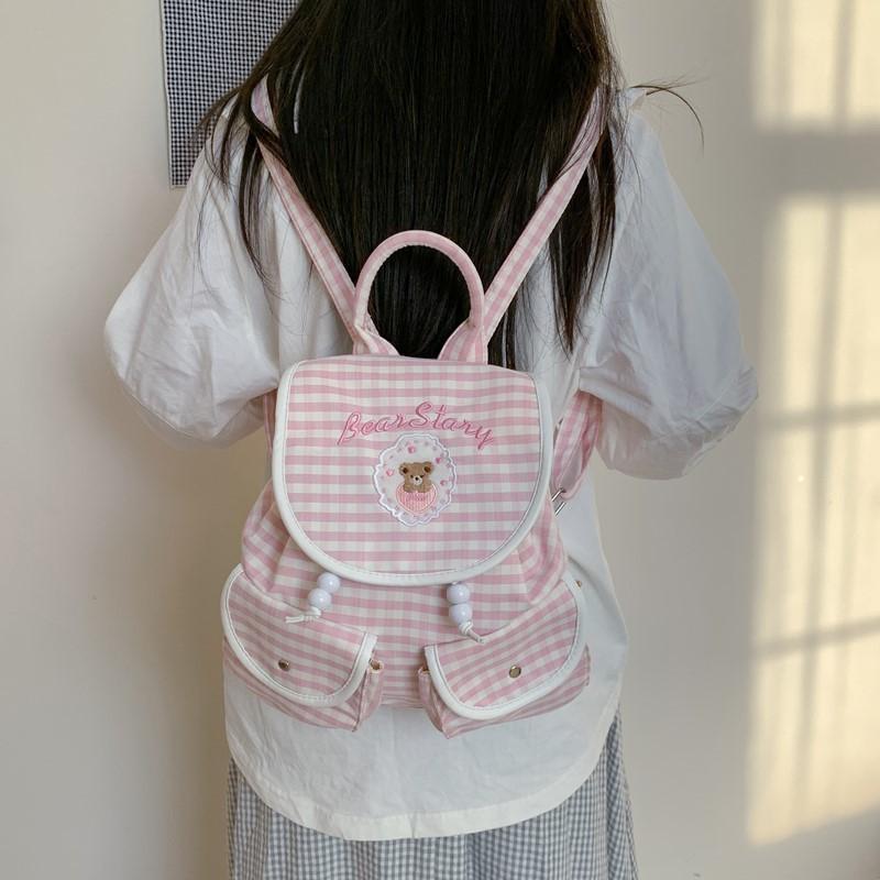 Cartoon Dog Embroidered Checkered Pattern Mini Backpack For Girls With Nylon Interior For Daily Use