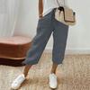 Women Loose Cotton Linen Drawstring Solid Pocket Casual Capri Pants