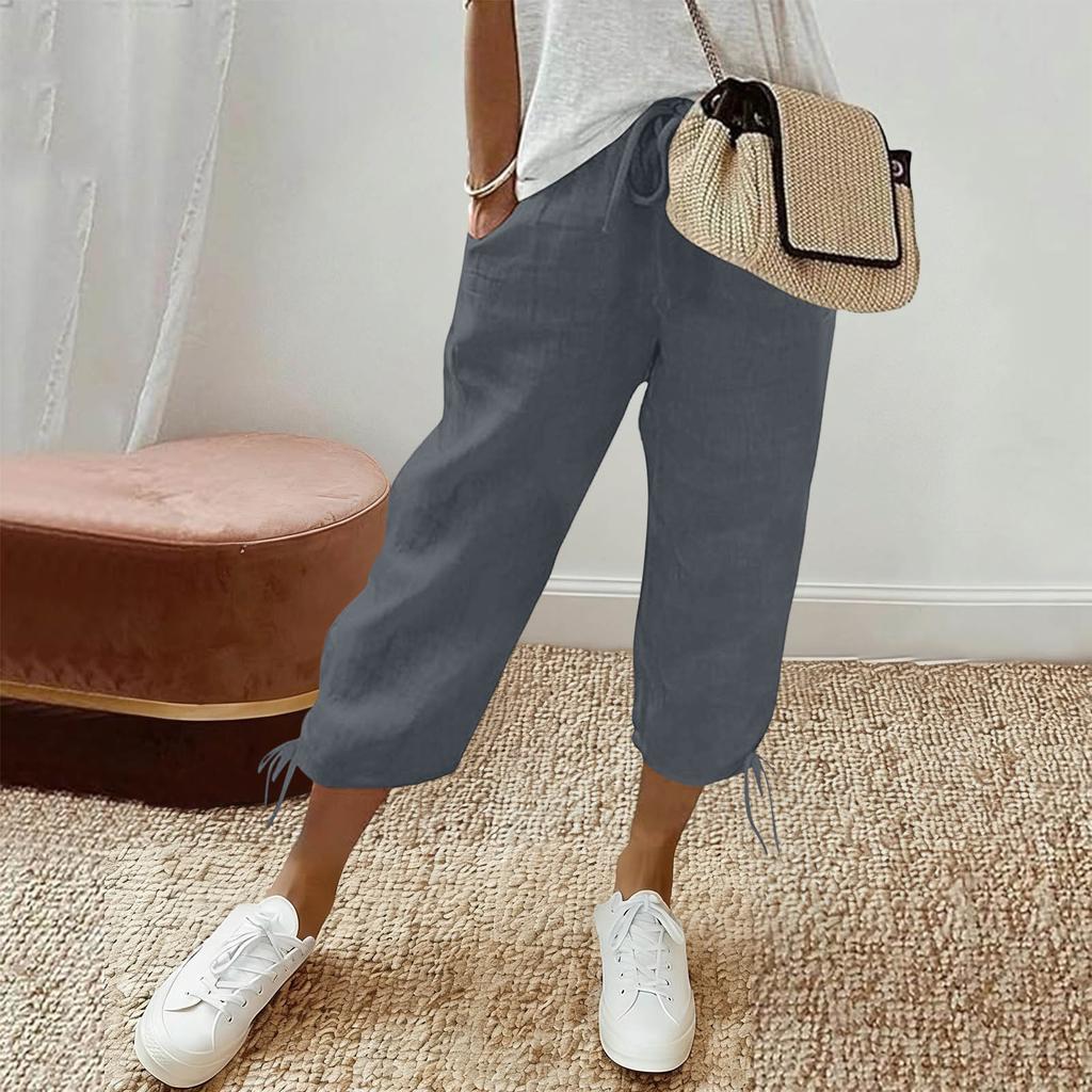 Women Loose Cotton Linen Drawstring Solid Pocket Casual Capri Pants