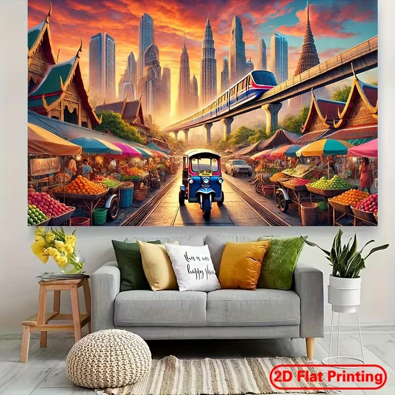 Colorful Bangkok Street Tapestry, Bustling Market with Tuk-tuk, Skytrain and Traditional Temples, Vibrant Thai Cultural Wall Art