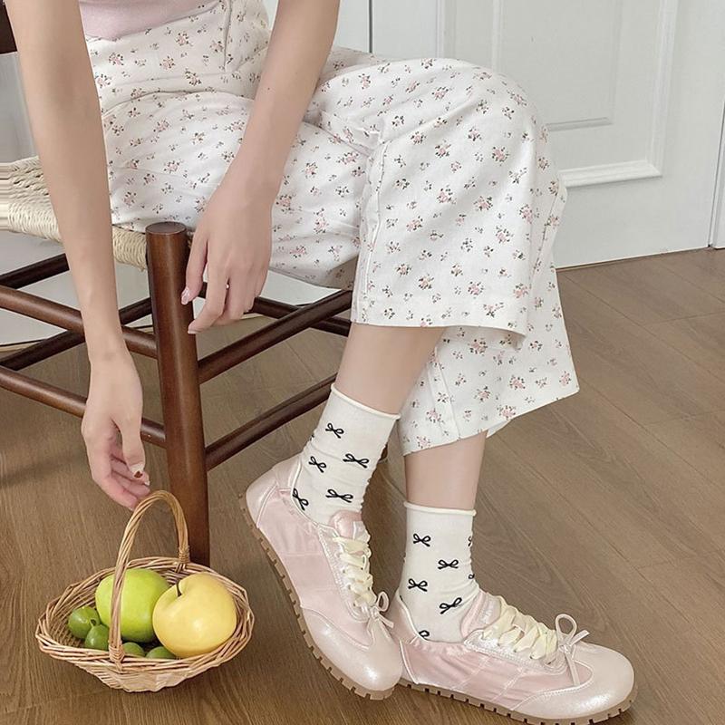 5 Pairs Women Bow Socks Spring Summer Autumn Winter Middle Tube Sock Thin Breathable Girls Cotton Socks Soft Comfortable Footwear