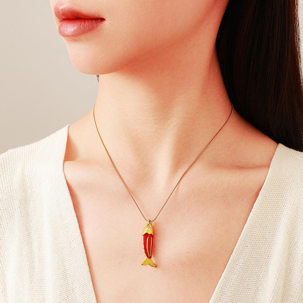 Waterproof Red Enamel Fish Pendant Necklace in Stainless and Titanium Steel with 18K Gold Plating