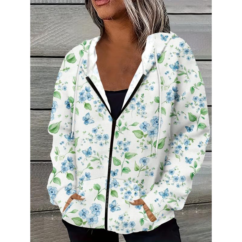 Fresh Botanical Floral Butterfly Print Zip Hoodie for Women – Lightweight Drawstring Hooded Jacket S