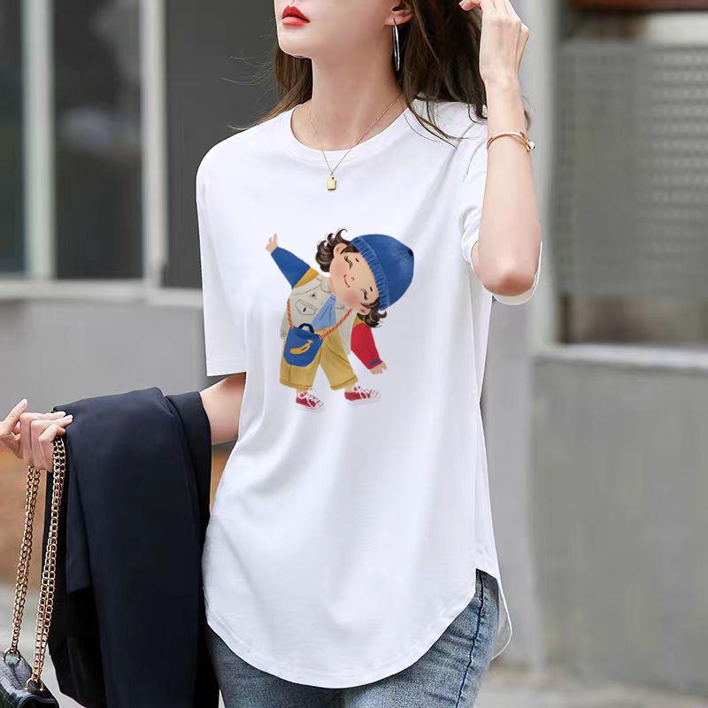 Relaxed Fit and Thin Bottoming Top Pure Cotton White Medium and Long Short-sleeved T-shirt Womens Summer Latest Trendy