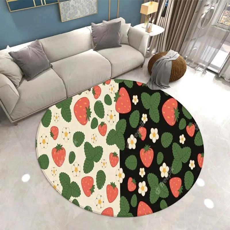 Fruit Strawberry Leaf Area Rug Round Carpet for Office Laundry Study Living Room Bedroom Circle Throw Rugs Non-Slip Floor Mat