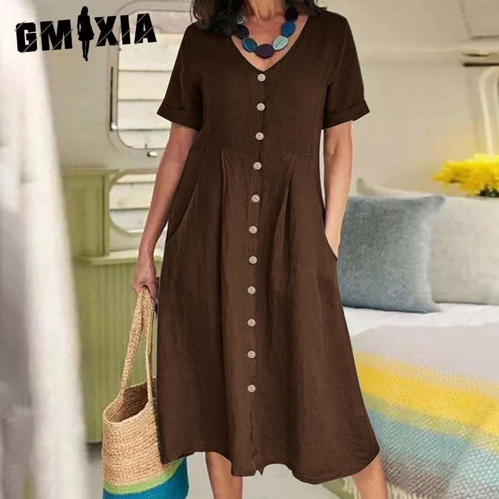 GMXIA Dame Sommer Casual Bomull V-hals Kort Erm Knappekjole
