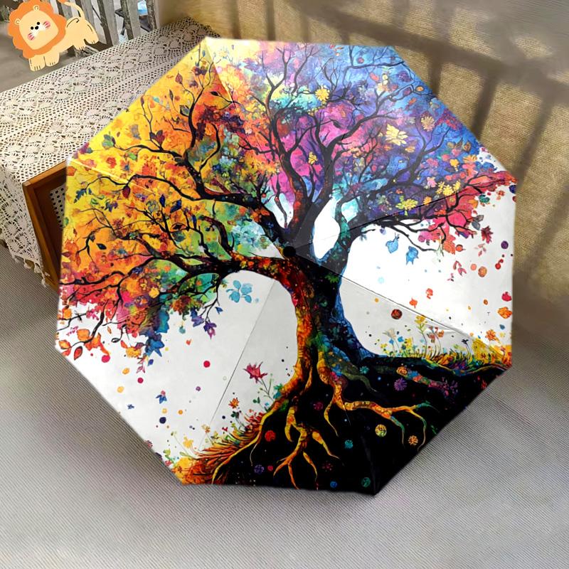 1 PC Automatic Folding Umbrella - Colorful Tree Pattern, Portable & Foldable Design with 8 Ribs, Christmas Birthday Gifts