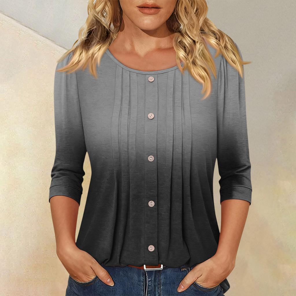 Women's Fashionable Casual Three-quarter Sleeve Button Gradient Round Neck Top