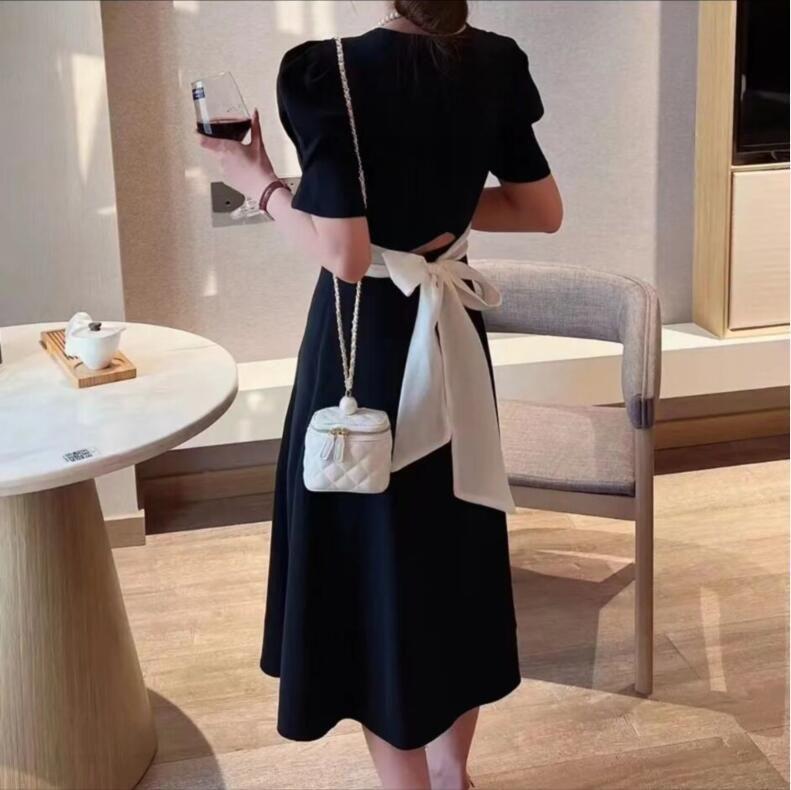 Plus Size Women's Summer Bow Back Dress - Waist-Cinching Slim Puff Sleeves Mid-Length Skirt