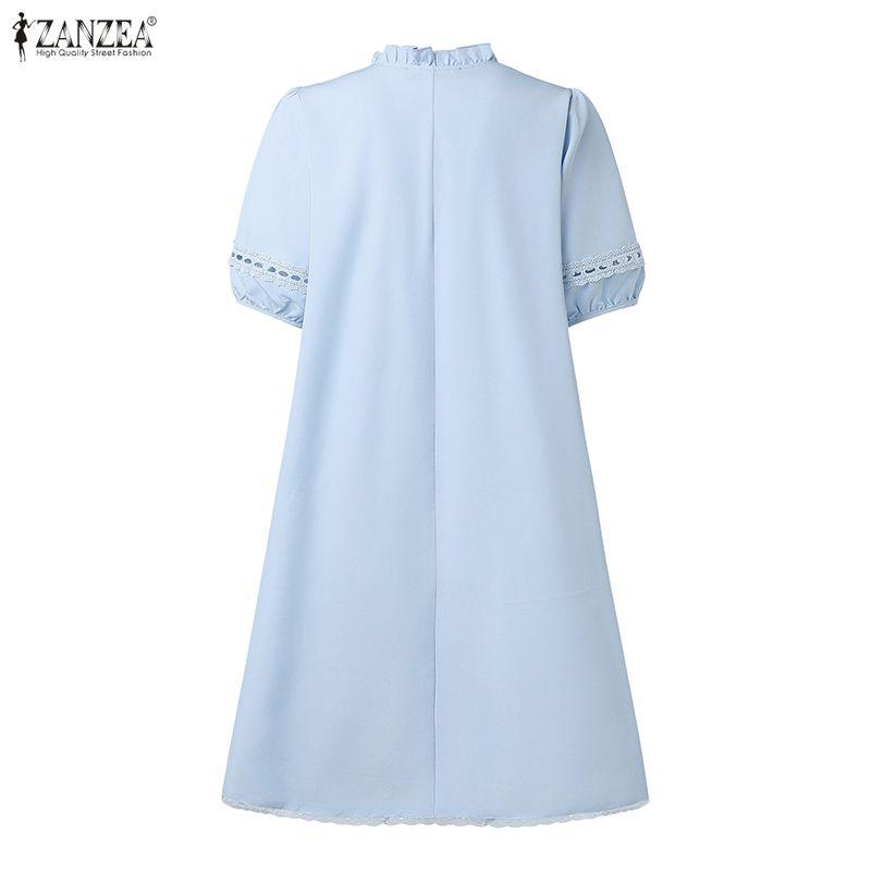 ZANZEA Women Casual Round Neck Short Sleeve Lace Patchwork Dress