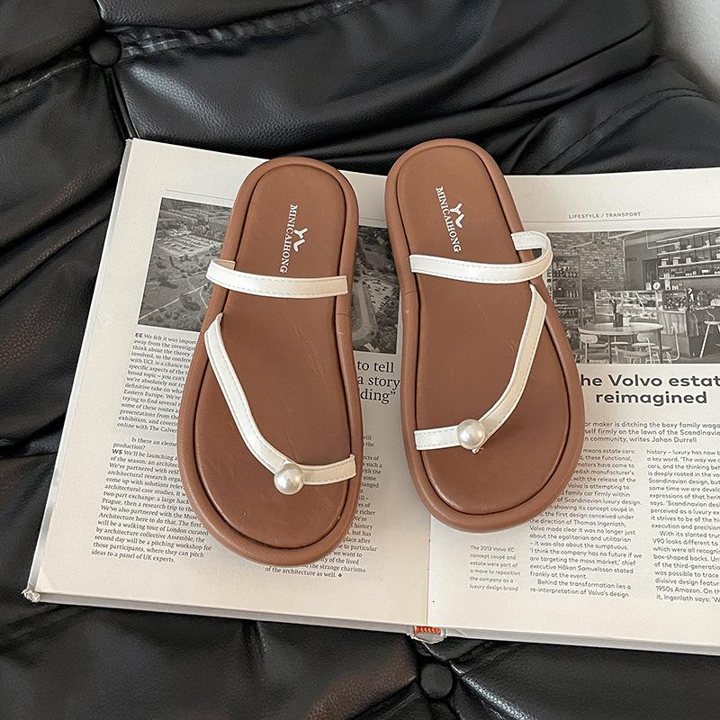 

Thick-bottomed beach slippers are fashionable and versatile, simple pearl flip-flops, women s summer retro outer wear, thin sandals 40 бежевый