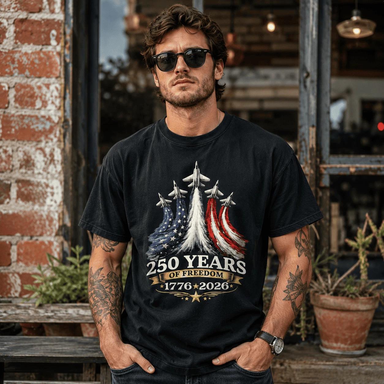 USA 250th Anniversary Fighter Jet Flag Patriotic Independence T-Shirt XL
