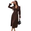 Women's Brown V-Neck Long Sleeve Dress with Ruffled Collar and Cuffs