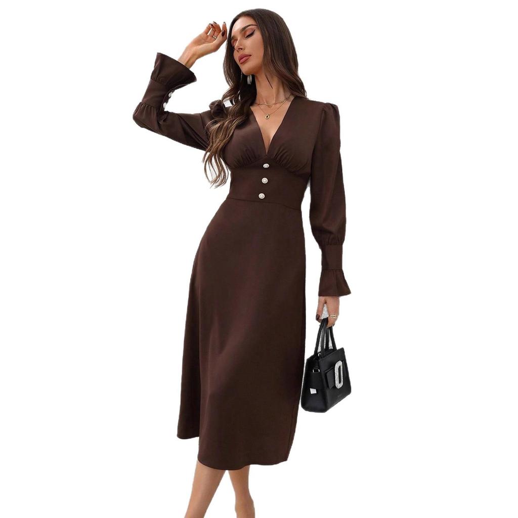 Women's Brown V-Neck Long Sleeve Dress with Ruffled Collar and Cuffs