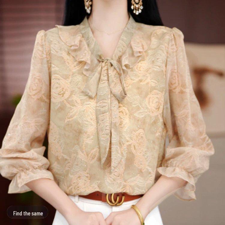 

2026 Spring French Light Luxury Floral Tie-Up Three-Quarter Sleeve Top 4XL (Recommended for 150-165 jin) шампанського