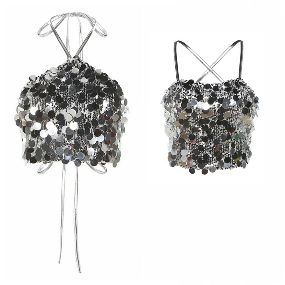 Beachwear Silver Sequin Camisole Short Women's Lace-Up Vest Design Glitter Tank Top Vacation