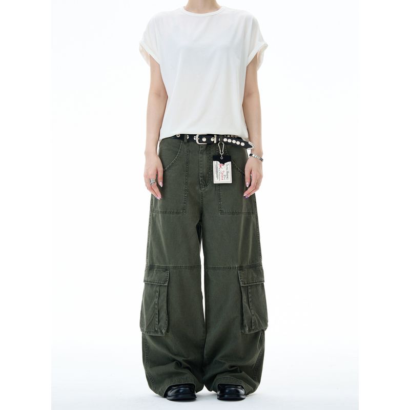 Madwitch American Retro Loose Straight-Leg Multi-Pocket Cargo Pants for Men and Women Vintage Washed Pants