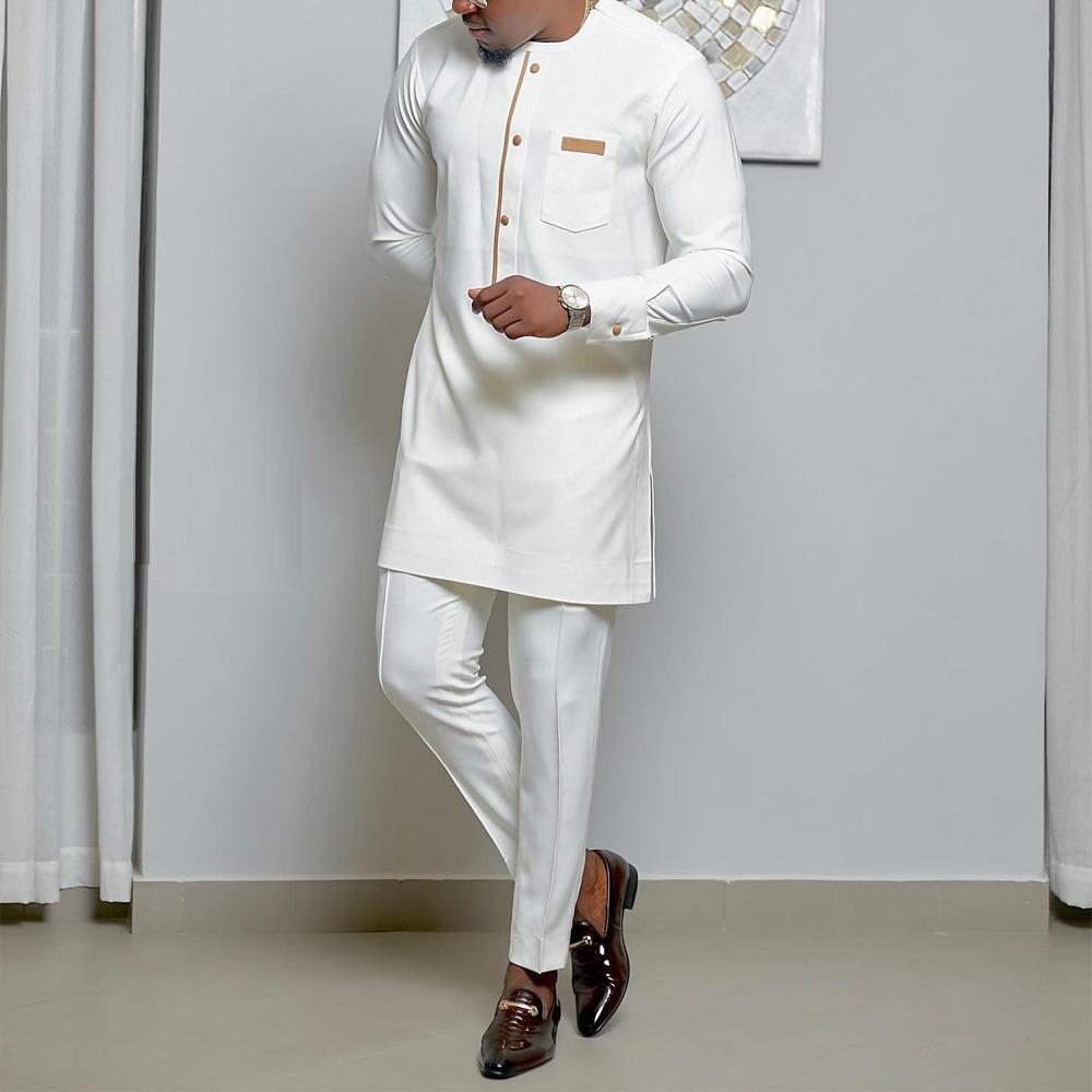 Men's 2-Piece Wedding Suit: Solid Color, Round Neck, Long Sleeve, African Ethnic Style