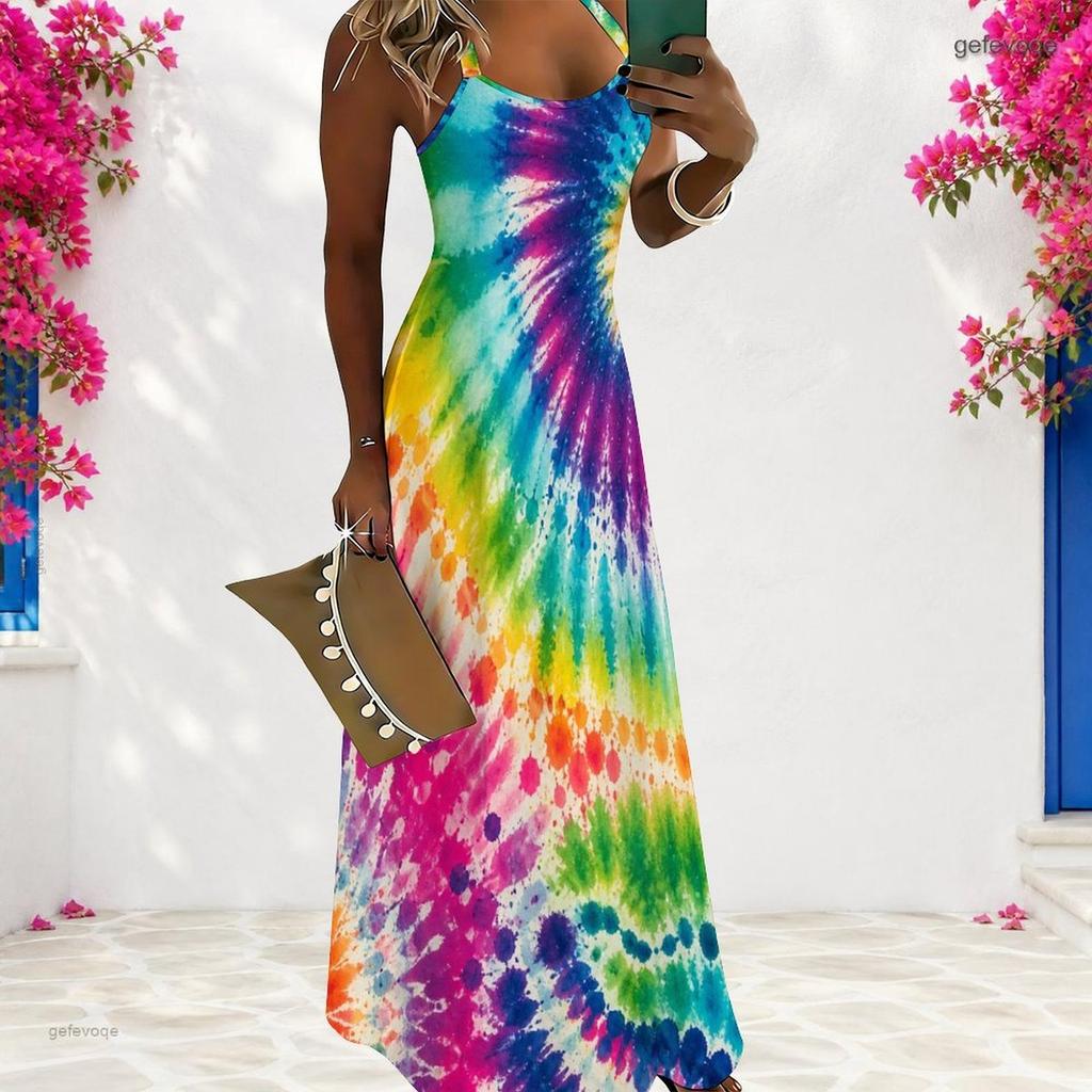 Women Plus Size Scoop Neck Strappy Sleeveless Colorful Printed A Line Maxi Dress