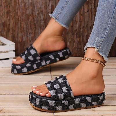 Damen Denim Plateau Pantoletten 2024 Sommer neu Außenhandel Übergröße Casual Wind Tausendvogelmuster Fransen Pantoletten Damen