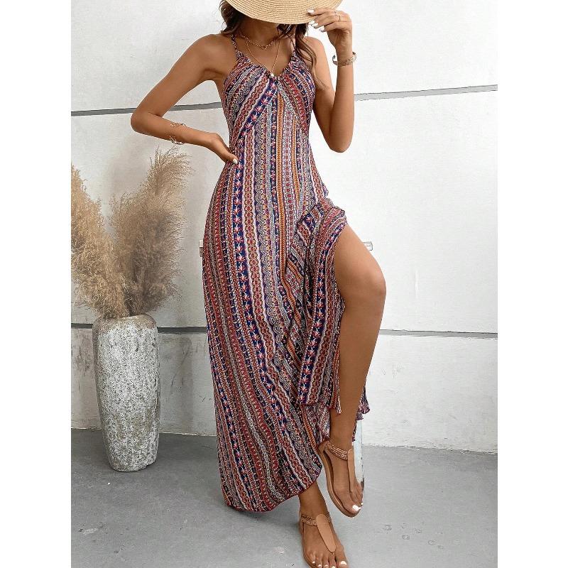 Women's Summer Ethnic Pattern Backless Split Thigh Dress Ladies Summer Clothes Fashion Frill Trim Long Dress Beach
