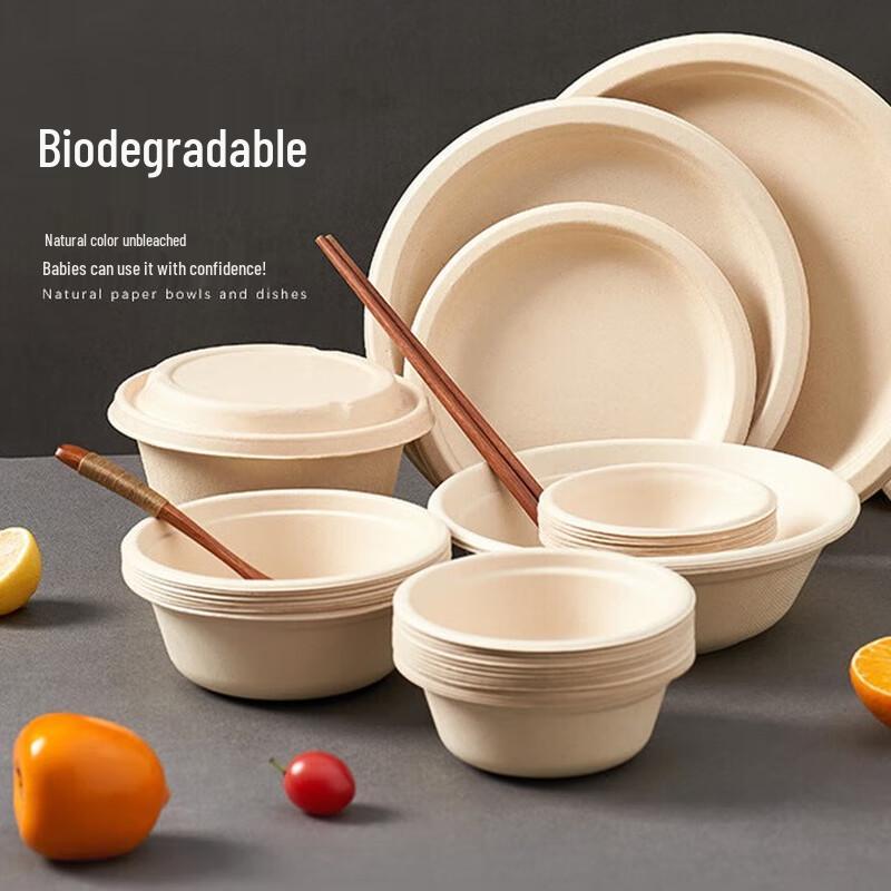 Xiao Yue Ya 500ml Biodegradable Pulp Disposable Bowls with Lids, 50-Pack