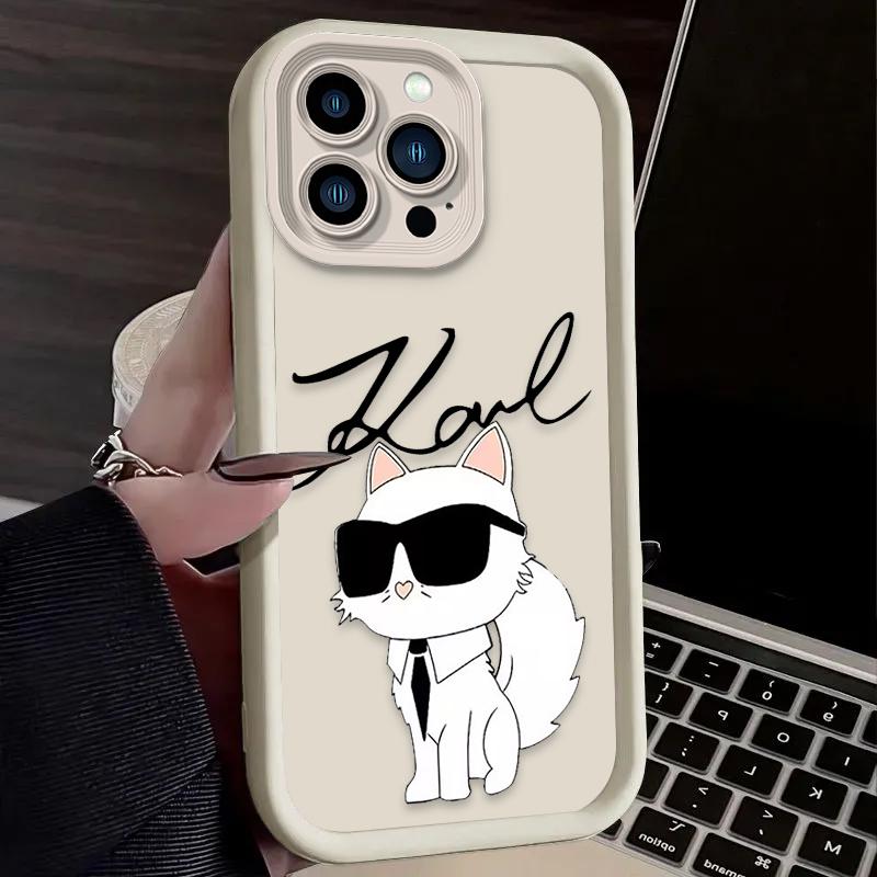 Lovely Fashion K-Karl Cat Case For iPhone 14 17 Air 16 16E 15 13 12 11 Pro Max X XS X S Max XR SE 2020 SE4 7 8 Silicone Cover