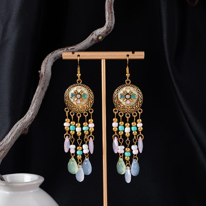 Ethnic Style Multi-Layer Water Drop Rice Bead Fringed Earrings Women S Bohemian Vacation Photo Earrings Retro Long Earrings