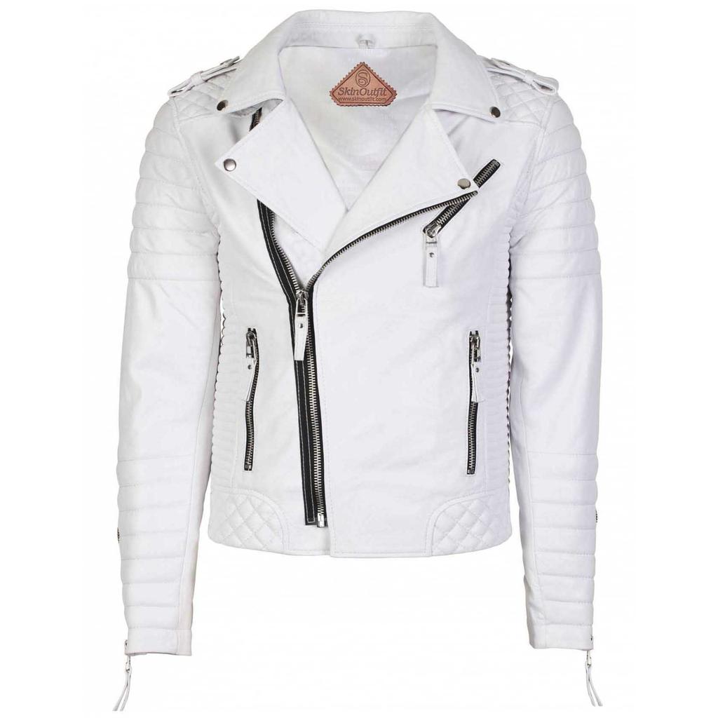 SKINOUTFIT Herren Motorrad Lederjacke Echtes Weißes Lammleder Café Racer Biker Oberbekleidung